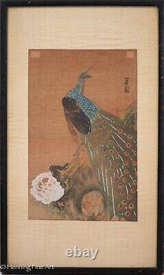 Beautiful Antique Japanese Woodblock Gouache Peacock and Flower Signed & FINE