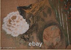 Beautiful Antique Japanese Woodblock Gouache Peacock and Flower Signed & FINE