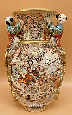 Beautiful Japanese Meiji Satsuma Vase With Sculptural Boys & Fine Decorations