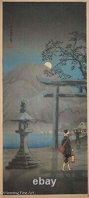 Beautiful Takahsi Hirokai Shotei Japanese Woodblock Moon Over Lake Hakone, FINE
