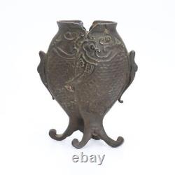 CARP FISH Shape Engraving Bronze VASE Japanese Antique MEIJI Old Metal Fine Art