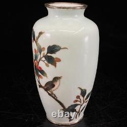 CLOISONNE BIRD FRUIT TREE Vase 7.2 inch Japanese Antique MEIJI Era Old FINE ART