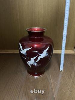 CLOISONNE CRANE BIRD Pattern Vase 10.2 inch Japanese Vintage Old Fine Art
