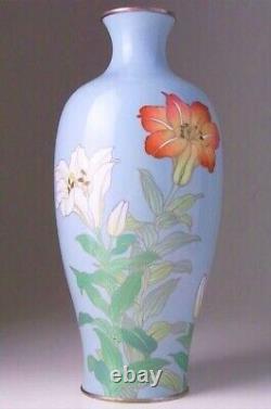 CLOISONNE LILY FLOWER Vase 9.6 inch by ANDO JUBEI Japanese Antique Old Fine Art