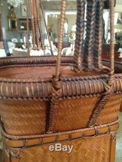 Circa 1900 Antique Fine Japanese Handwoven Tall Basket with Handle Asian