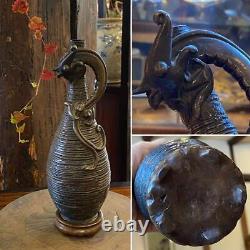 DRAGON Engraving Bronze Vase 9.4 inch Japanese Antique Old Fine Art Figurine