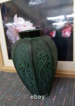 DRAGON Pattern Bronze Vase 7 inch Signed HOUSHU Japanese Antique Old Fine Art