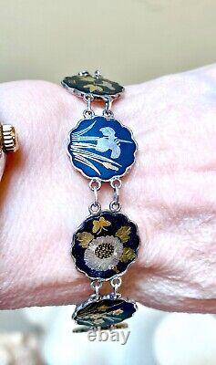 EXQUISITE Antique Japanese Fine. 950 Sterling Silver Damascene Floral Bracelet