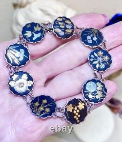 EXQUISITE Antique Japanese Fine. 950 Sterling Silver Damascene Floral Bracelet