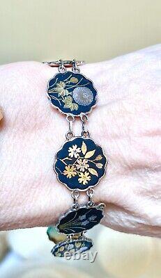 EXQUISITE Antique Japanese Fine. 950 Sterling Silver Damascene Floral Bracelet