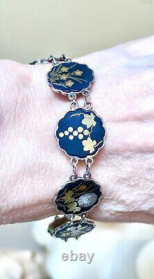 EXQUISITE Antique Japanese Fine. 950 Sterling Silver Damascene Floral Bracelet