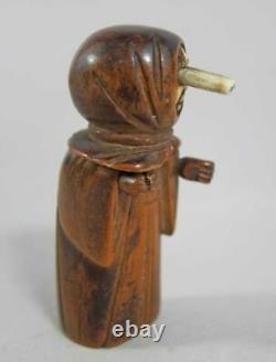 FINE ANTIQUE JAPANESE HAND CARVED NUT KOBE TOY Monk figure with Pop Out Eyes