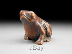 FINE Boxwood Carving Frog NETSUKE 18-19thC Japanese Edo Antique for INRO G312