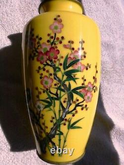 FINE JAPANESE Silver Wire CLOISONNE ENAMEL VASE Imperial Yellow Ando Jubei Style