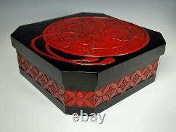 FINE LARGE JAPANESE LACQUER BOX Antique Storage Red Black Urushi Carved Wood