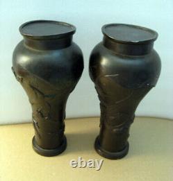 FINE PAIR ANTIQUE JAPANESE MEIJI CARVED BRONZE BIRDS & FLOWERS VASES c1880