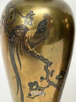 FINE Pair Antique Japanese Bronze Vases NOBORU NOGAWA Cockerel Signed Oriental