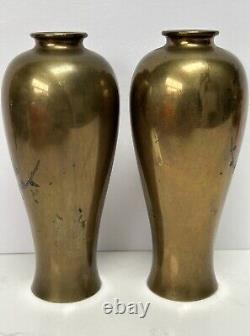 FINE Pair Antique Japanese Bronze Vases NOBORU NOGAWA Cockerel Signed Oriental