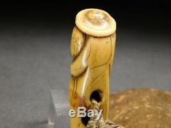 FINE Stag horn NETSUKE w Pouch Man 18-19thC Japanese Edo Antique for Inro