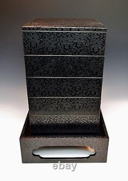 FINELY ENGRAVED LACQUER STORAGE BOXES Black Antique Jubako Stacking Meiji Japan