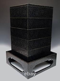 FINELY ENGRAVED LACQUER STORAGE BOXES Black Antique Jubako Stacking Meiji Japan
