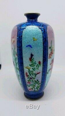 Fine 6 panel japanese jin bari cloisonne vase. Signed. Silver wire, silver foil