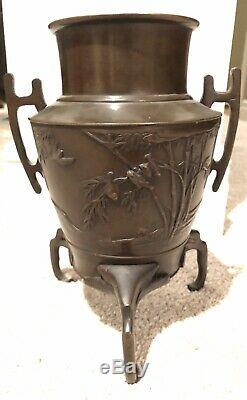 Fine 9.5 JAPANESE MEIJI-ERA Bronze Vase Urn with Birds & Bamboo c. 1890 antique