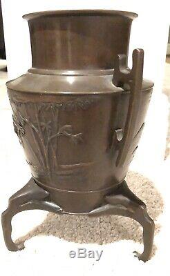 Fine 9.5 JAPANESE MEIJI-ERA Bronze Vase Urn with Birds & Bamboo c. 1890 antique