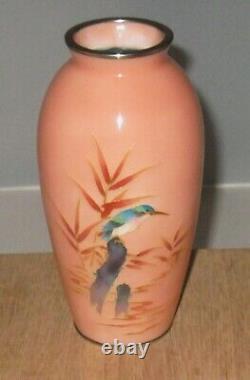 Fine Ando Signed Cloisonne Enamel Vase Peach With Kingfisher Silver Rims Nice+