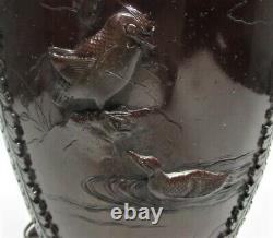 Fine Antique JAPANESE Engraved with Raised Birds Bronze Vase, Mounted as Lamp