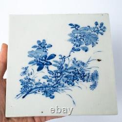 Fine Antique Japanese Blue White Seto Porcelain Floral Square Tile Early 20th c