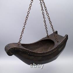 Fine Antique Japanese Boat Shaped Bronze Hanging Ikebana Vase With Wood Tomobako