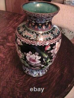 Fine Antique Japanese Cloisonne Glass Inlay Vase Flowers, Birds Meiji