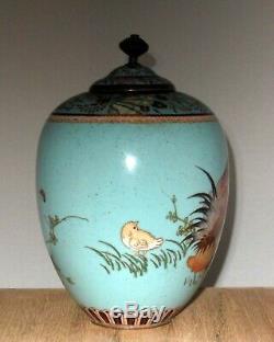 Fine Antique Japanese Cloisonne Silver Wire Enamel Ginger Jar with Rooster & Hen