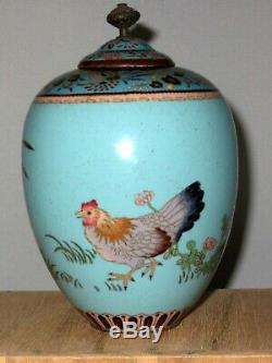 Fine Antique Japanese Cloisonne Silver Wire Enamel Ginger Jar with Rooster & Hen