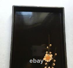Fine Antique Japanese Lacquer Trays Cherry Blossoms w Silver Late Meiji Taisho
