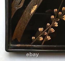 Fine Antique Japanese Lacquer Trays Cherry Blossoms w Silver Late Meiji Taisho