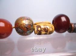 Fine Antique Japanese Lacquered Ojime Bead Necklace 7 Ojime Agate Amber