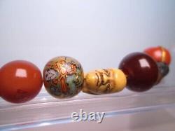 Fine Antique Japanese Lacquered Ojime Bead Necklace 7 Ojime Agate Amber