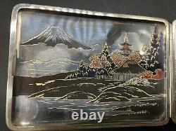 Fine Antique Japanese Meiji Niello Sterling Engraved Cigarette Card Case Signed