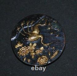 Fine Antique Japanese Meiji Shakudo Iron Gold Crane Figure Peony Design Button