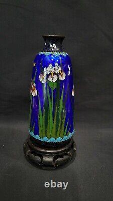 Fine Antique Japanese Meiji Small Cloisonne Vase with Iris Flower, 4 7/8 Tall