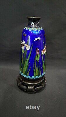 Fine Antique Japanese Meiji Small Cloisonne Vase with Iris Flower, 4 7/8 Tall