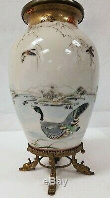 Fine Antique Japanese Porcelain Hand Painted Lamp Geese Birds Landscape