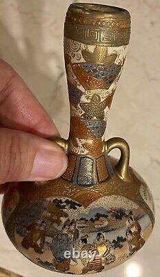 Fine Antique Japanese Satsuma Miniature Vase With Handles Figural Reserves