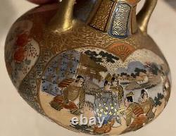 Fine Antique Japanese Satsuma Miniature Vase With Handles Figural Reserves