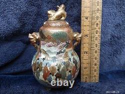 Fine Antique Japanese Satsuma Pottery Signed Tripod Koro Geisha Immortal Foo Dog