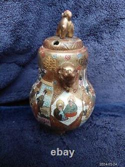 Fine Antique Japanese Satsuma Pottery Signed Tripod Koro Geisha Immortal Foo Dog