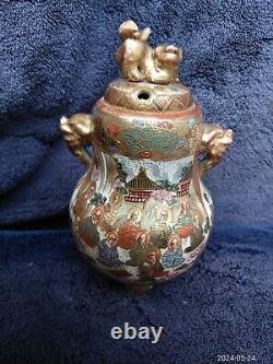 Fine Antique Japanese Satsuma Pottery Signed Tripod Koro Geisha Immortal Foo Dog