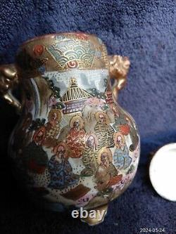 Fine Antique Japanese Satsuma Pottery Signed Tripod Koro Geisha Immortal Foo Dog